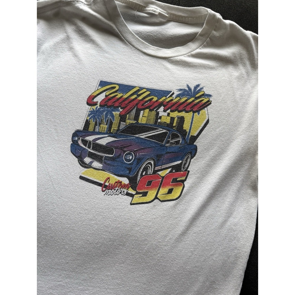 Vintage California Custom Motors 1996 T Shirt Size XL White Mustang Hot Rod